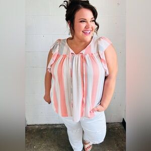 Coral & Light Blue Stripe Waffle Tie Neck Top